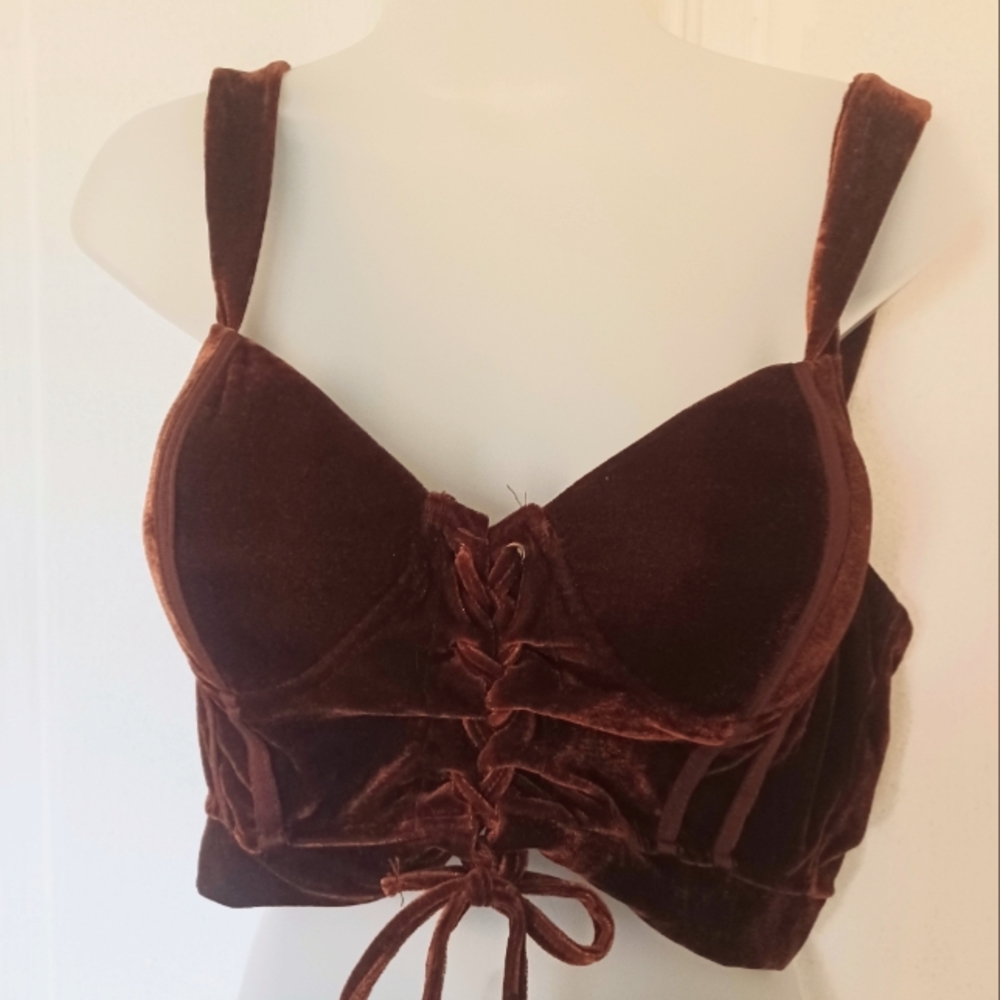 HAUTE MONDE Bustier Chocolate Brown Velvet Halter Top Midriff  Lace-up  Sz Large